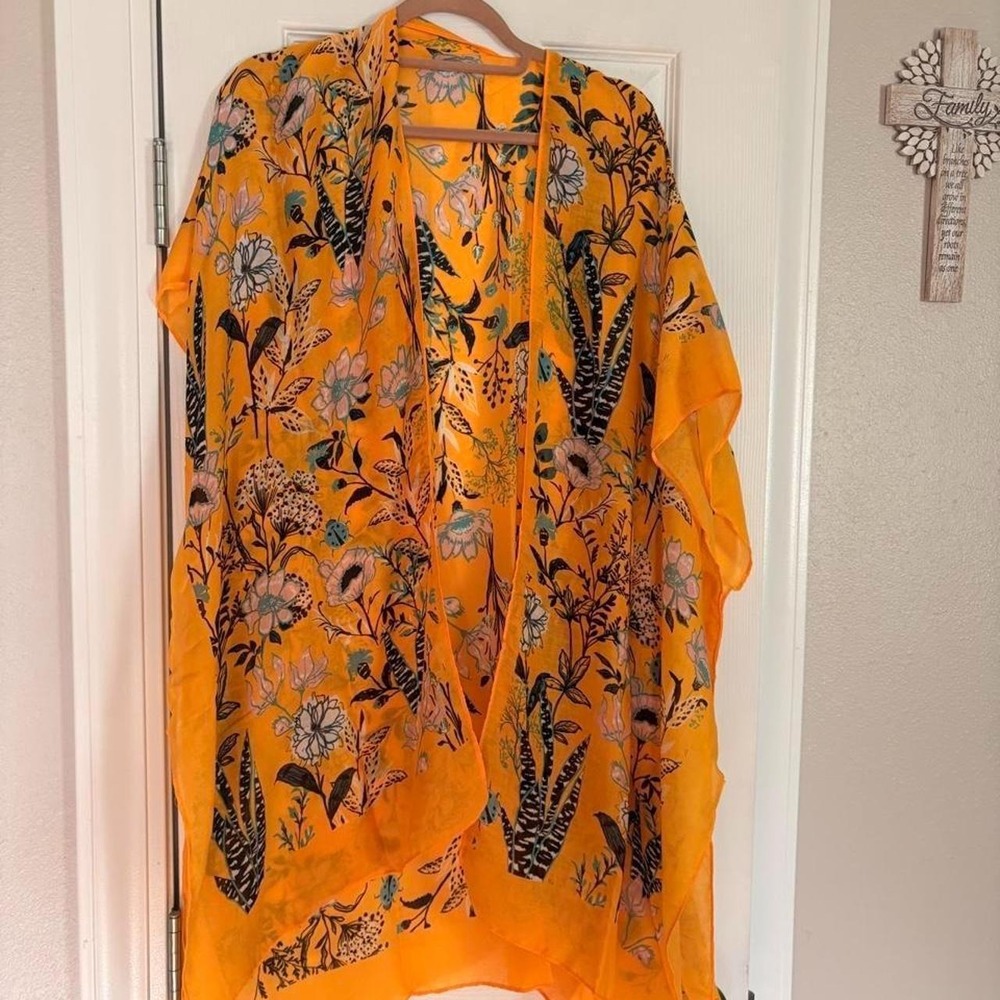 Styline Tangerine Orange Floral Boho Sheer Kimono Cardigan One Size OS